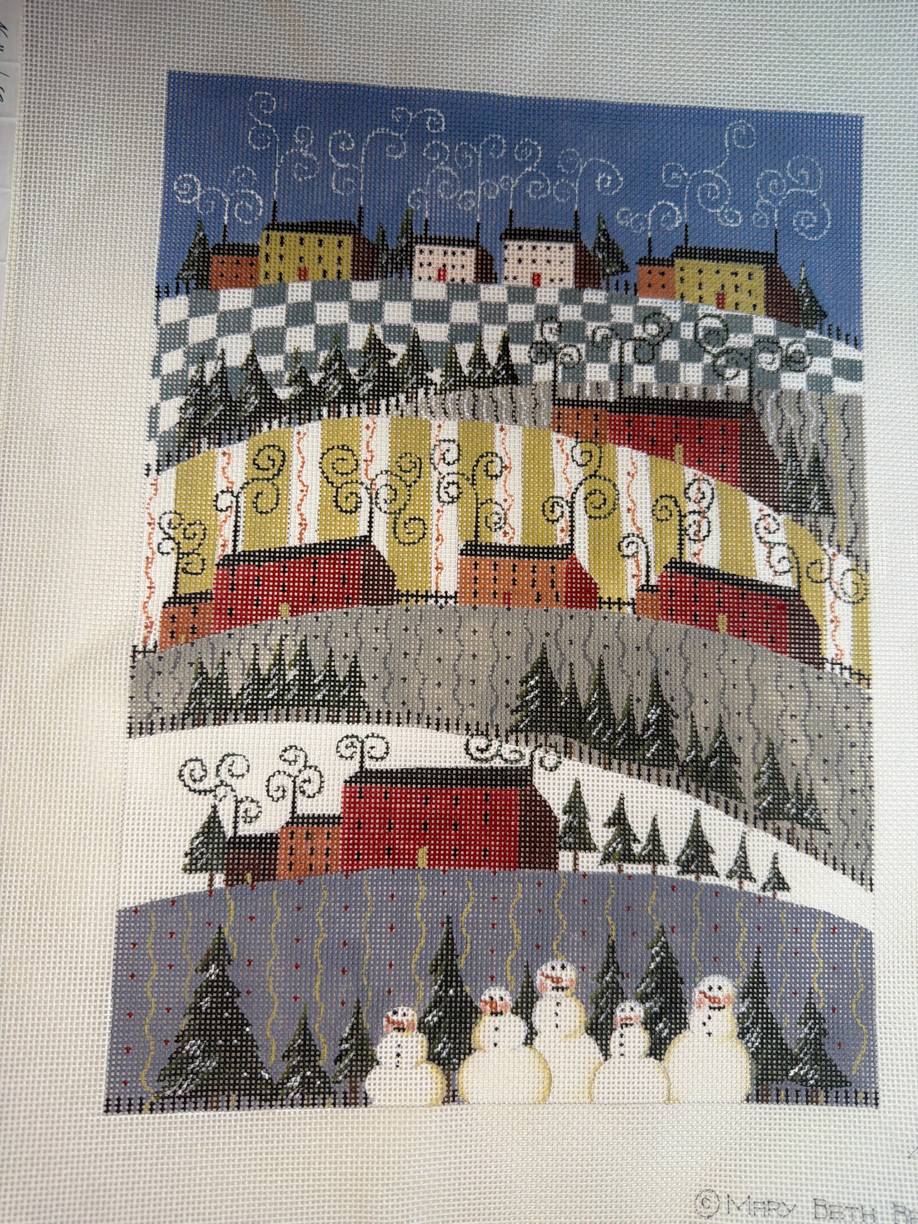 Winter Scene with Houses and Snowmen
