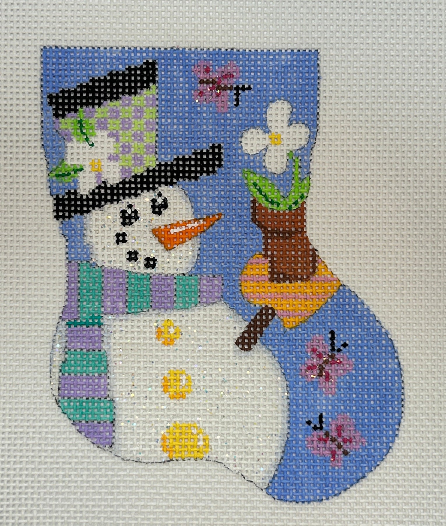 Snowman Holding Potted Flower with Butterflies Mini Stocking